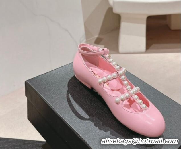 Luxury Cheap Chanel Calfskin Mary Janes Ballet Flat with Pearls Strap Pink 701068