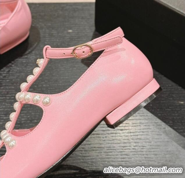 Luxury Cheap Chanel Calfskin Mary Janes Ballet Flat with Pearls Strap Pink 701068