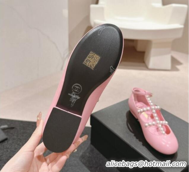 Luxury Cheap Chanel Calfskin Mary Janes Ballet Flat with Pearls Strap Pink 701068