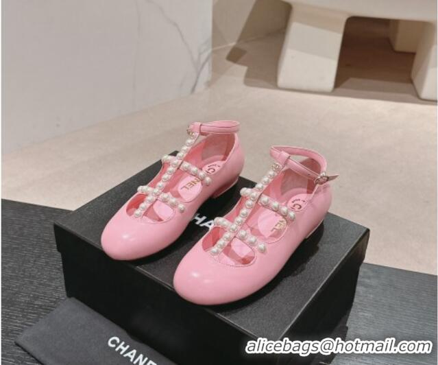 Luxury Cheap Chanel Calfskin Mary Janes Ballet Flat with Pearls Strap Pink 701068