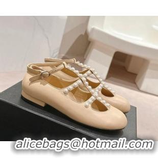 Popular Style Chanel Calfskin Mary Janes Ballet Flat with Pearls Strap Beige 701069