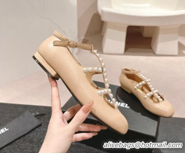 Popular Style Chanel Calfskin Mary Janes Ballet Flat with Pearls Strap Beige 701069