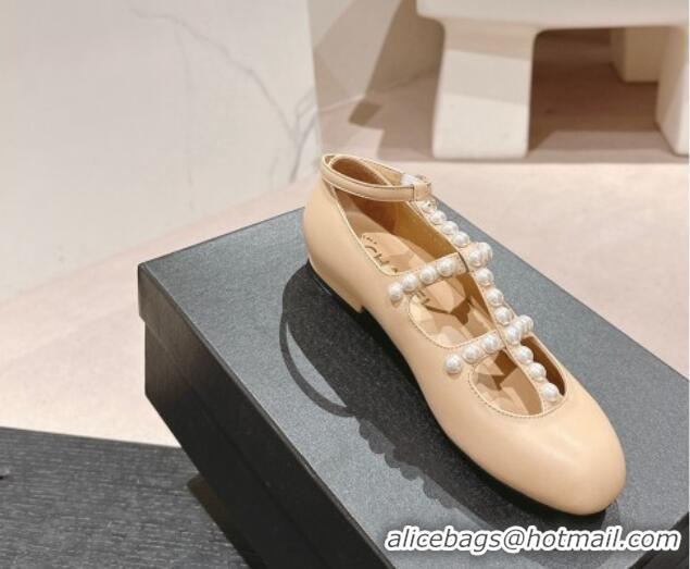 Popular Style Chanel Calfskin Mary Janes Ballet Flat with Pearls Strap Beige 701069