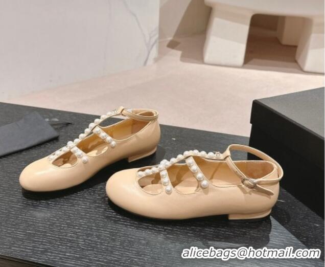 Popular Style Chanel Calfskin Mary Janes Ballet Flat with Pearls Strap Beige 701069