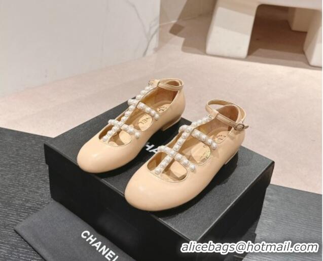 Popular Style Chanel Calfskin Mary Janes Ballet Flat with Pearls Strap Beige 701069