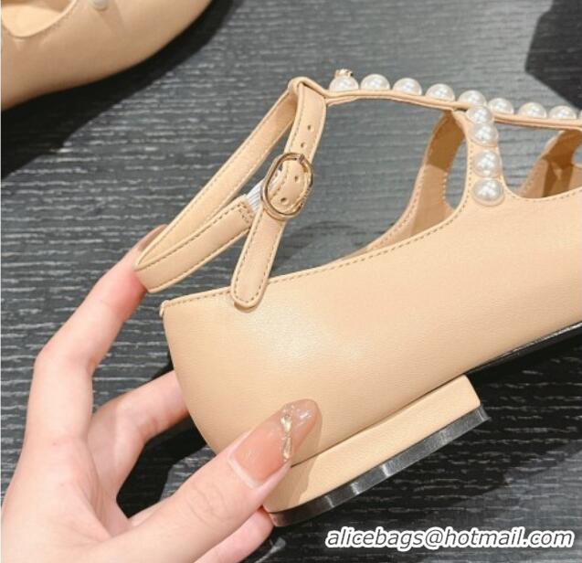 Popular Style Chanel Calfskin Mary Janes Ballet Flat with Pearls Strap Beige 701069