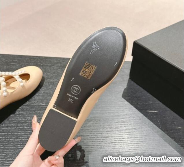 Popular Style Chanel Calfskin Mary Janes Ballet Flat with Pearls Strap Beige 701069