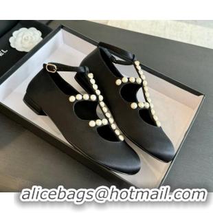 Sophisticated Chanel Satin Mary Janes Ballet Flat with Pearls Strap Black 701070