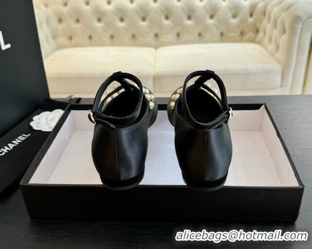 Sophisticated Chanel Satin Mary Janes Ballet Flat with Pearls Strap Black 701070