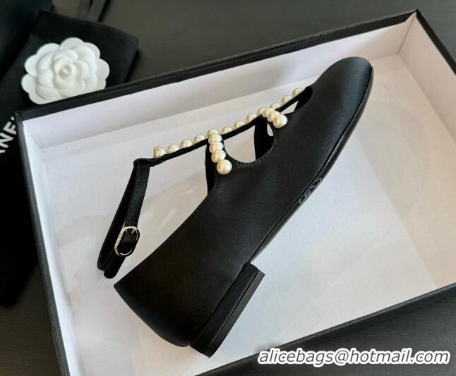 Sophisticated Chanel Satin Mary Janes Ballet Flat with Pearls Strap Black 701070