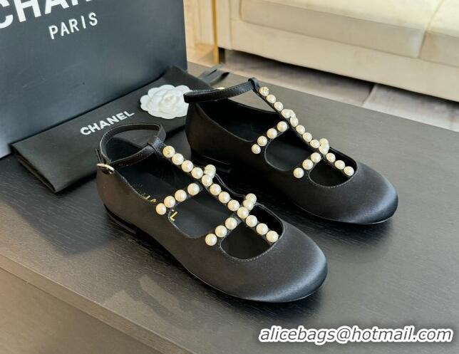 Sophisticated Chanel Satin Mary Janes Ballet Flat with Pearls Strap Black 701070