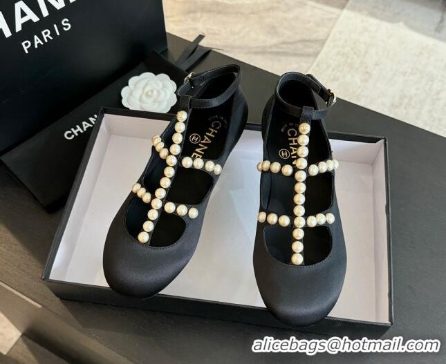 Sophisticated Chanel Satin Mary Janes Ballet Flat with Pearls Strap Black 701070