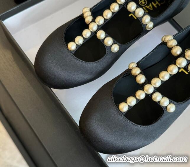 Sophisticated Chanel Satin Mary Janes Ballet Flat with Pearls Strap Black 701070