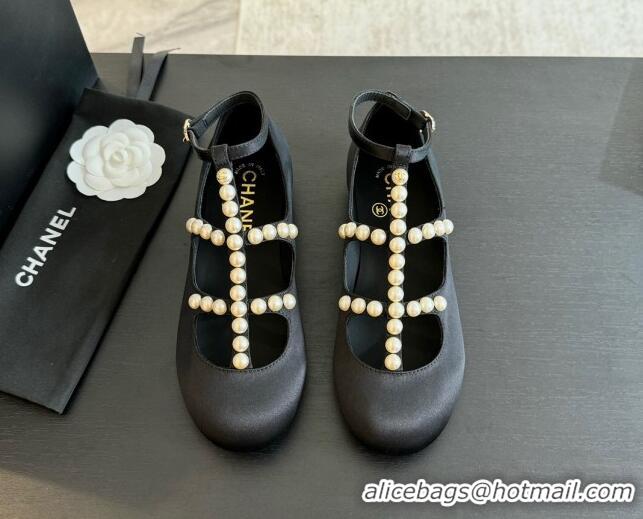 Sophisticated Chanel Satin Mary Janes Ballet Flat with Pearls Strap Black 701070