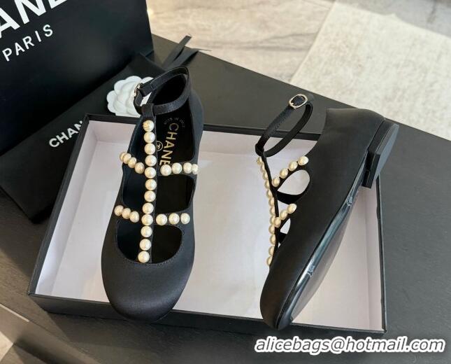 Sophisticated Chanel Satin Mary Janes Ballet Flat with Pearls Strap Black 701070