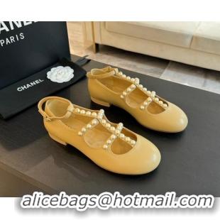 Grade Chanel Calfskin Mary Janes Ballet Flat with Pearls Strap Apricot 701071