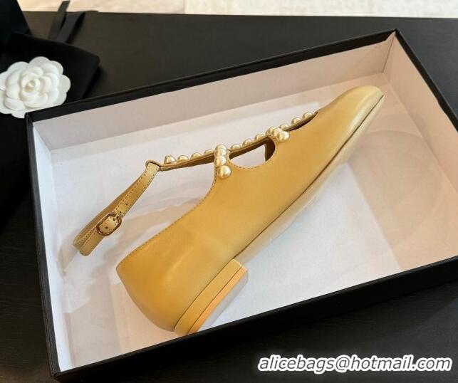 Grade Chanel Calfskin Mary Janes Ballet Flat with Pearls Strap Apricot 701071