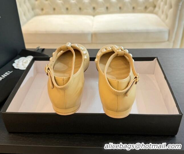 Grade Chanel Calfskin Mary Janes Ballet Flat with Pearls Strap Apricot 701071