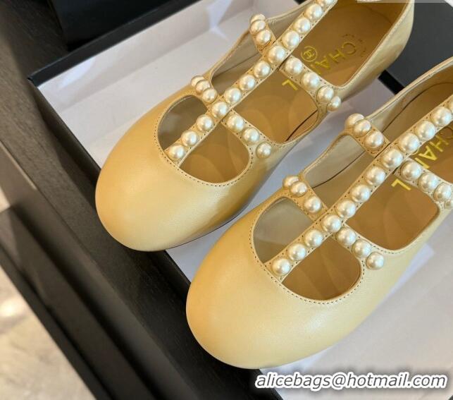 Grade Chanel Calfskin Mary Janes Ballet Flat with Pearls Strap Apricot 701071