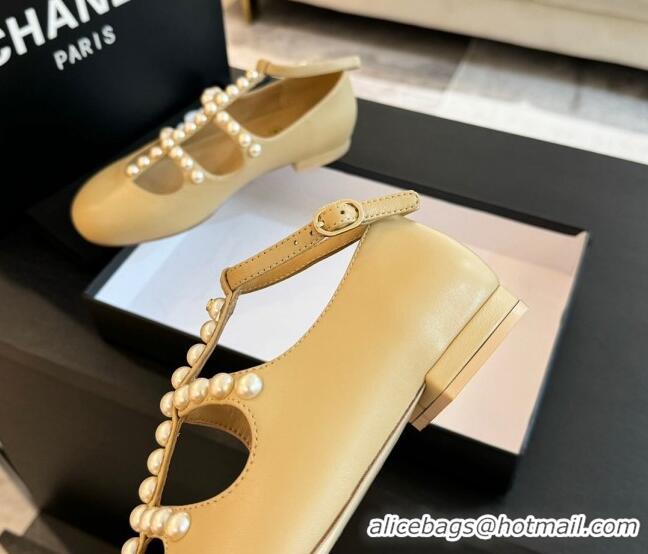 Grade Chanel Calfskin Mary Janes Ballet Flat with Pearls Strap Apricot 701071