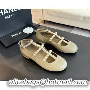 Charming Chanel Calfskin Mary Janes Ballet Flat with Pearls Strap Khaki Green 701072