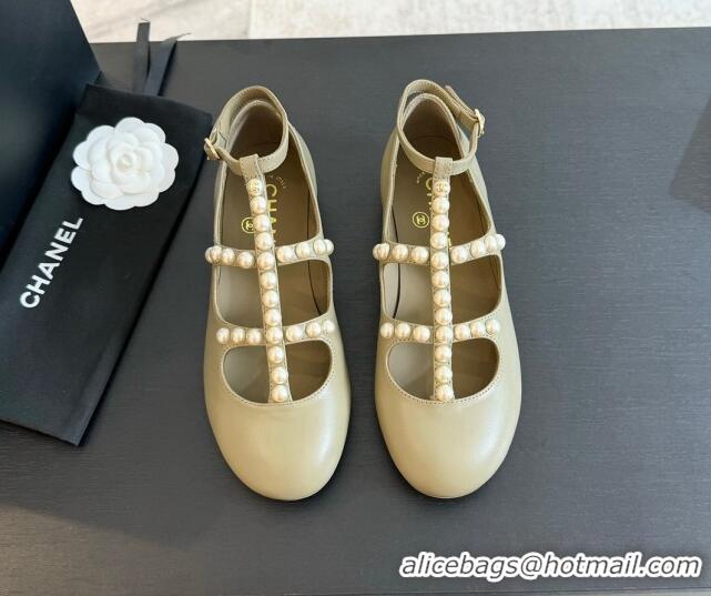 Charming Chanel Calfskin Mary Janes Ballet Flat with Pearls Strap Khaki Green 701072