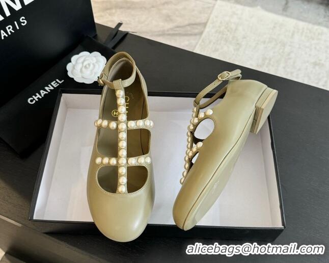 Charming Chanel Calfskin Mary Janes Ballet Flat with Pearls Strap Khaki Green 701072