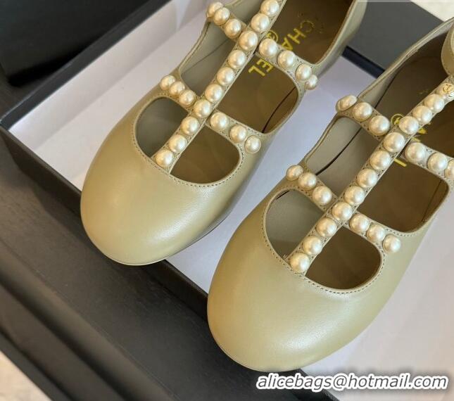 Charming Chanel Calfskin Mary Janes Ballet Flat with Pearls Strap Khaki Green 701072