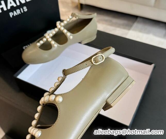 Charming Chanel Calfskin Mary Janes Ballet Flat with Pearls Strap Khaki Green 701072