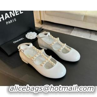 Good Quality Chanel Calfskin Mary Janes Ballet Flat with Pearls Strap Pale Grey 701073