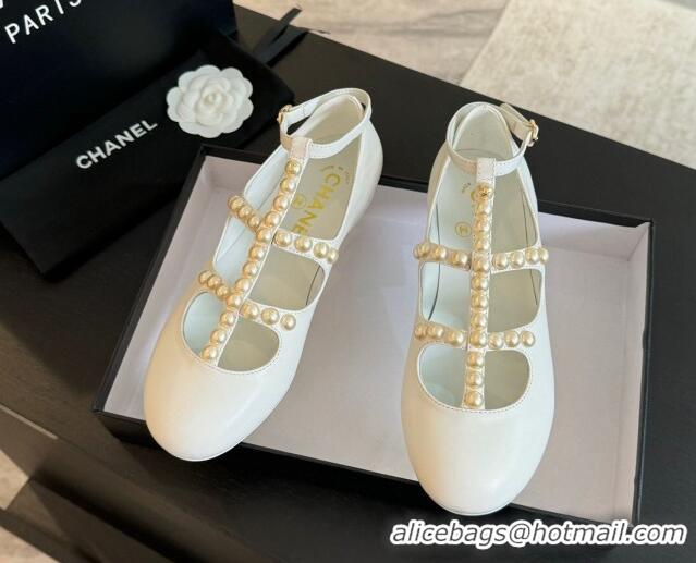 Good Quality Chanel Calfskin Mary Janes Ballet Flat with Pearls Strap Pale Grey 701073