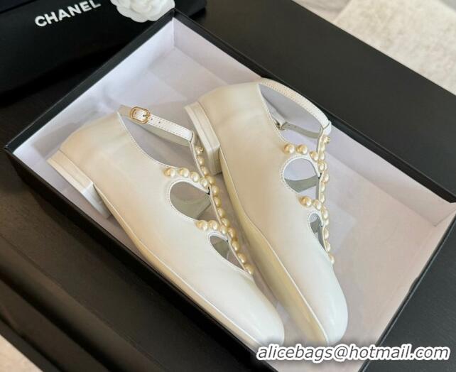 Good Quality Chanel Calfskin Mary Janes Ballet Flat with Pearls Strap Pale Grey 701073