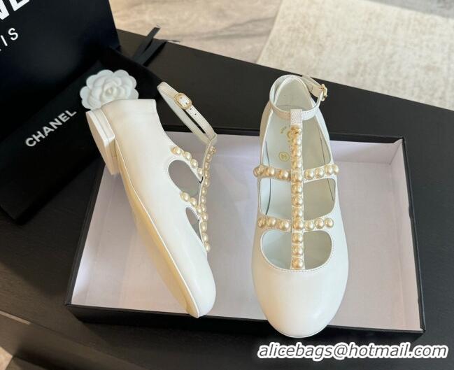 Good Quality Chanel Calfskin Mary Janes Ballet Flat with Pearls Strap Pale Grey 701073