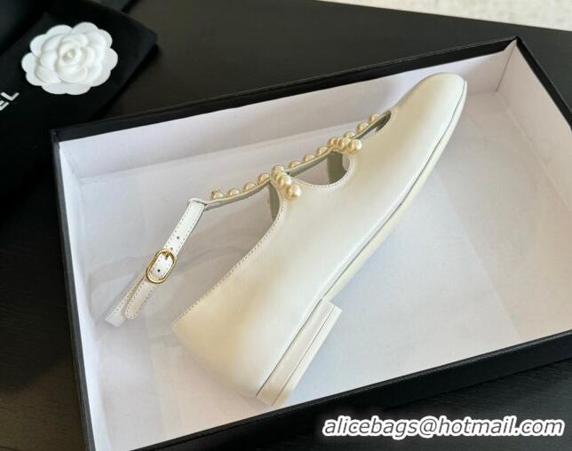 Good Quality Chanel Calfskin Mary Janes Ballet Flat with Pearls Strap Pale Grey 701073