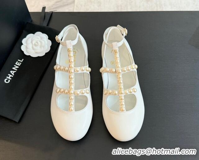 Good Quality Chanel Calfskin Mary Janes Ballet Flat with Pearls Strap Pale Grey 701073