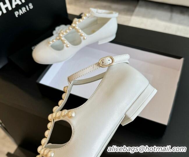 Good Quality Chanel Calfskin Mary Janes Ballet Flat with Pearls Strap Pale Grey 701073