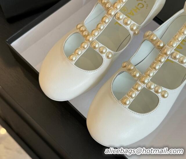 Good Quality Chanel Calfskin Mary Janes Ballet Flat with Pearls Strap Pale Grey 701073