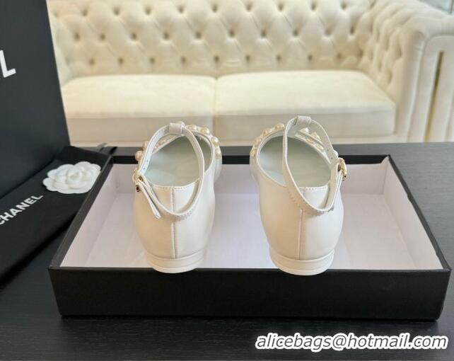 Good Quality Chanel Calfskin Mary Janes Ballet Flat with Pearls Strap Pale Grey 701073