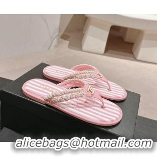 Good Quality Chanel Striped Flat Thong Slides Sandal Pink/White 701074