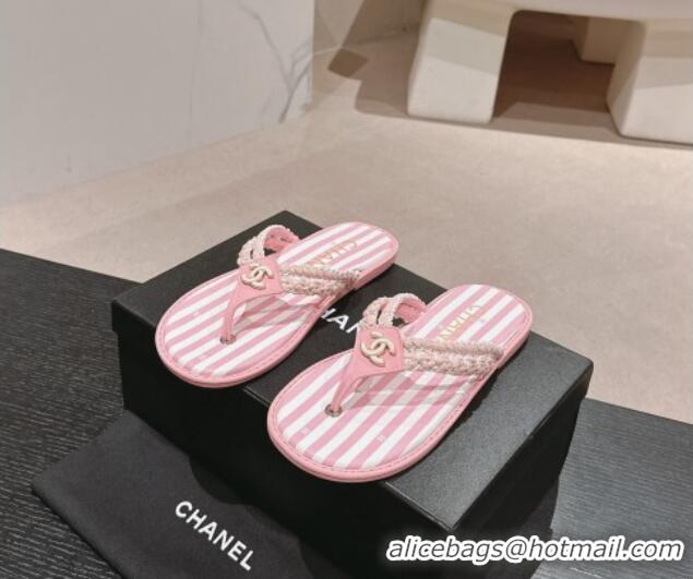 Good Quality Chanel Striped Flat Thong Slides Sandal Pink/White 701074