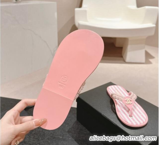 Good Quality Chanel Striped Flat Thong Slides Sandal Pink/White 701074