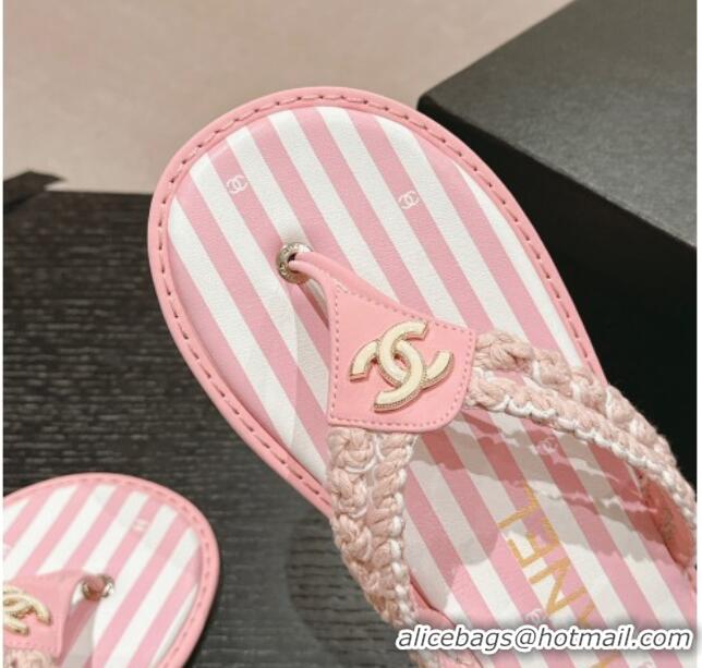 Good Quality Chanel Striped Flat Thong Slides Sandal Pink/White 701074