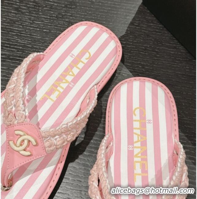 Good Quality Chanel Striped Flat Thong Slides Sandal Pink/White 701074