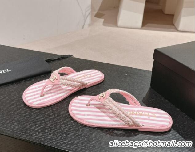 Good Quality Chanel Striped Flat Thong Slides Sandal Pink/White 701074