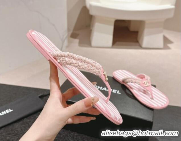 Good Quality Chanel Striped Flat Thong Slides Sandal Pink/White 701074