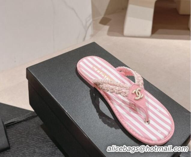 Good Quality Chanel Striped Flat Thong Slides Sandal Pink/White 701074