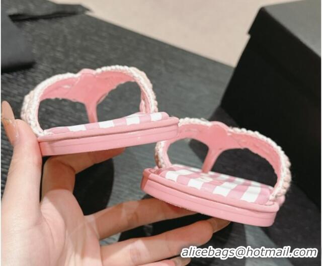 Good Quality Chanel Striped Flat Thong Slides Sandal Pink/White 701074