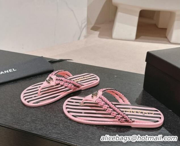 Unique Discount Chanel Striped Flat Thong Slides Sandal Pink/Black 701076