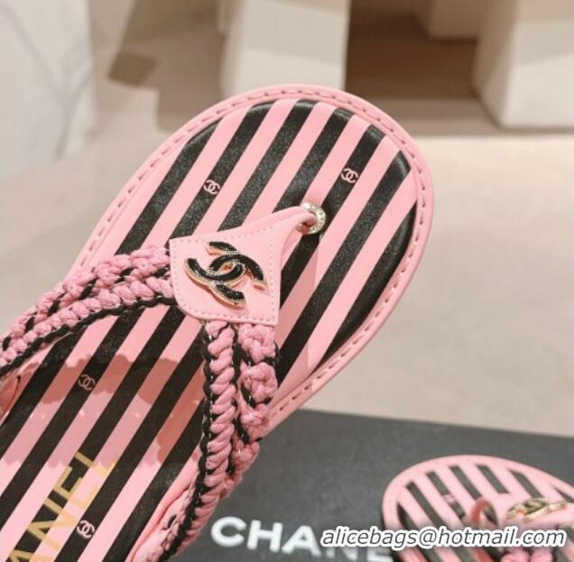 Unique Discount Chanel Striped Flat Thong Slides Sandal Pink/Black 701076