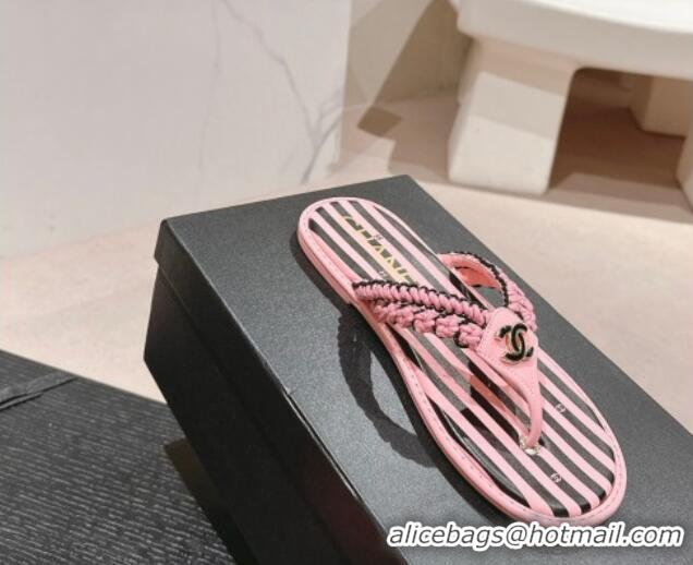 Unique Discount Chanel Striped Flat Thong Slides Sandal Pink/Black 701076